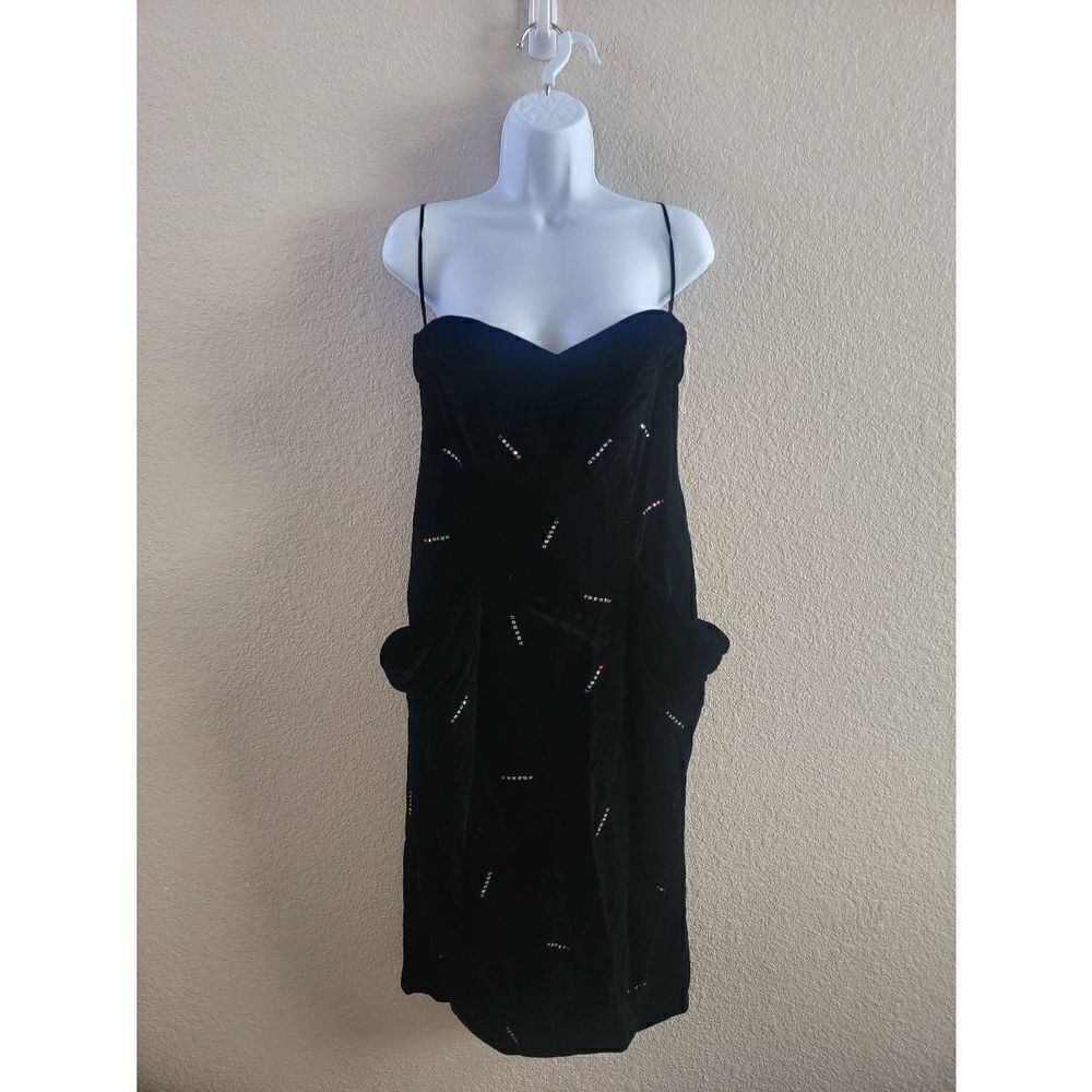 Vintage Neiman Marcus Chetta Women's Black Rhinestone Embellished Velvet Dress S